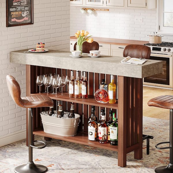 TRIBESIGNS WAY TO ORIGIN Adan 63 in. Home Brown Wood Modern 2 Tier Bar Table Footrest Corner Mini Coffee Bar Cabinet Bar Unit HD JW0841 WZZ