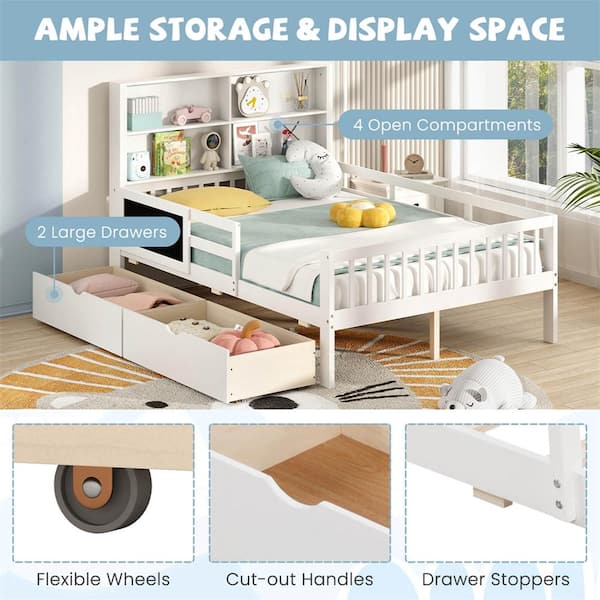 Costway White Wood Frame Full Size Platform Bed with 2 Drawers