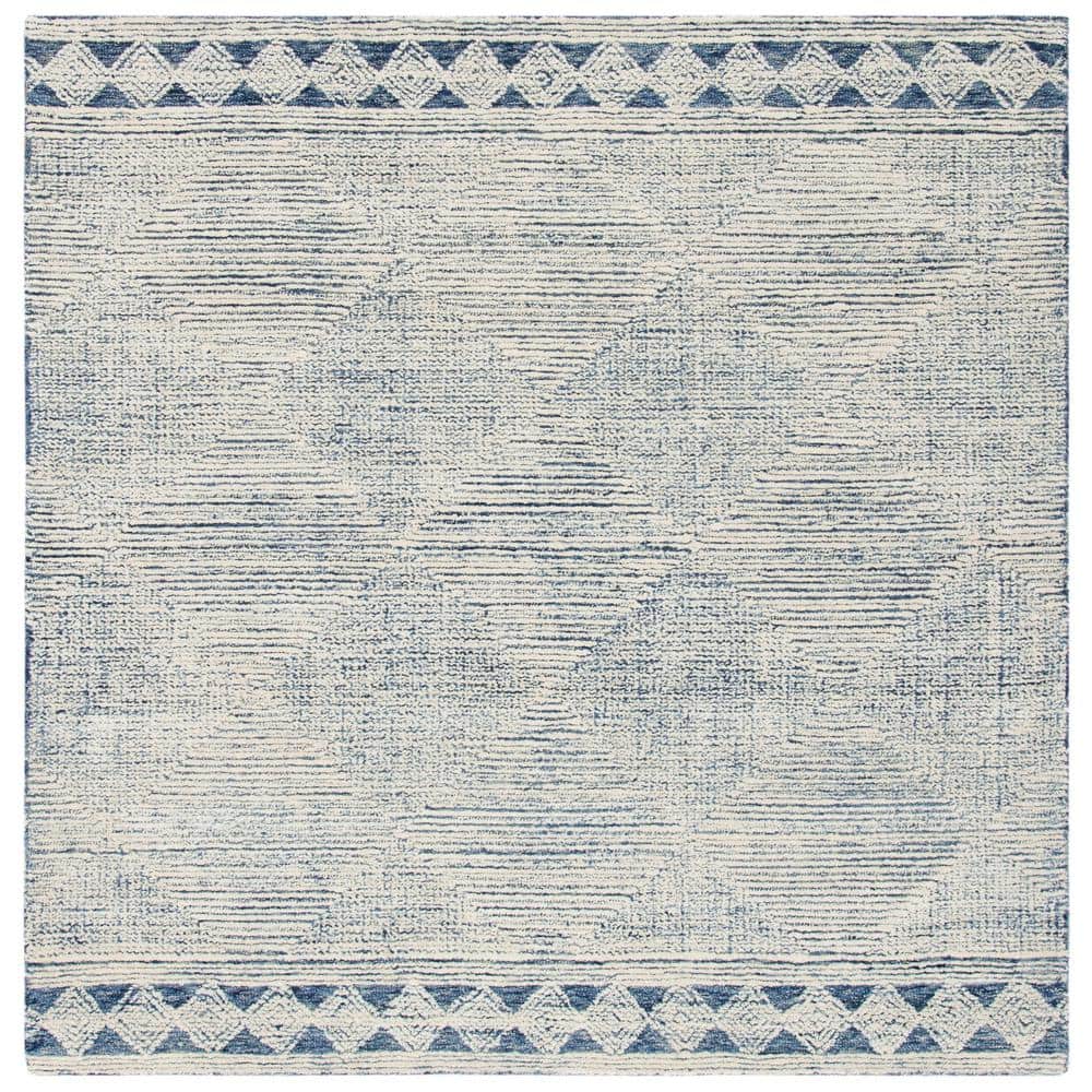 Ivory and Navy Abstract Handmade Wool Square Area Rug, 8 x 8 ft