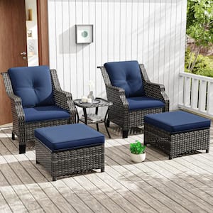 5-Piece Wicker Outdoor Patio Conversation Set with Lounge Chairs, Ottomans and Blue Cushions