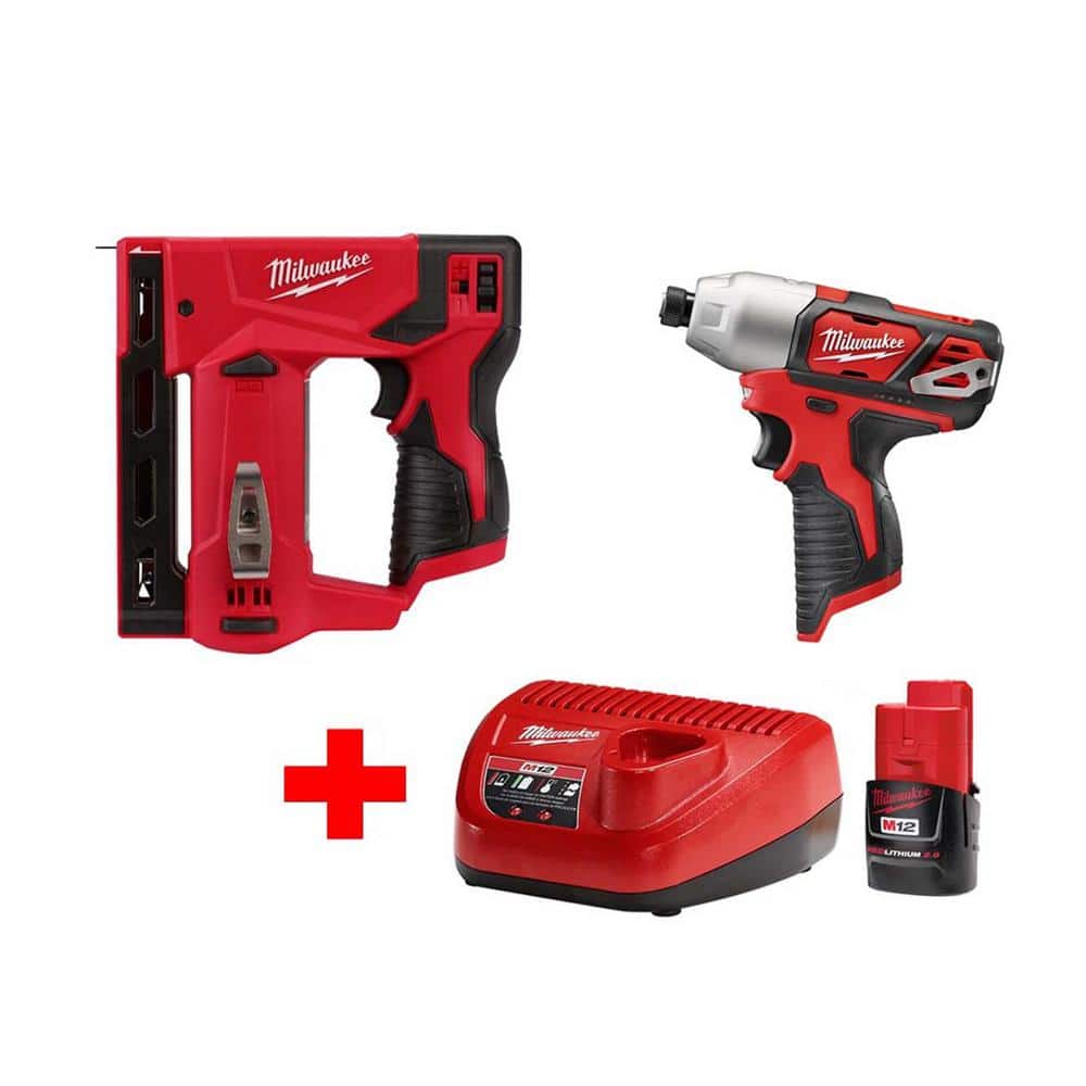 Milwaukee M12 12V Lithium-Ion Cordless 1/4 in. Hex Impact and 3/8 in. Crown Stapler Combo Kit W/(1) 2.0Ah Battery and Charger -  2462-20-2TT