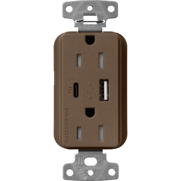 Claro 15 Amp Tamper Resistant USB Type A/C Duplex Receptacle, Decorator Style Outlet Satin Finish, SCR-15-ACTR-EP, Brown