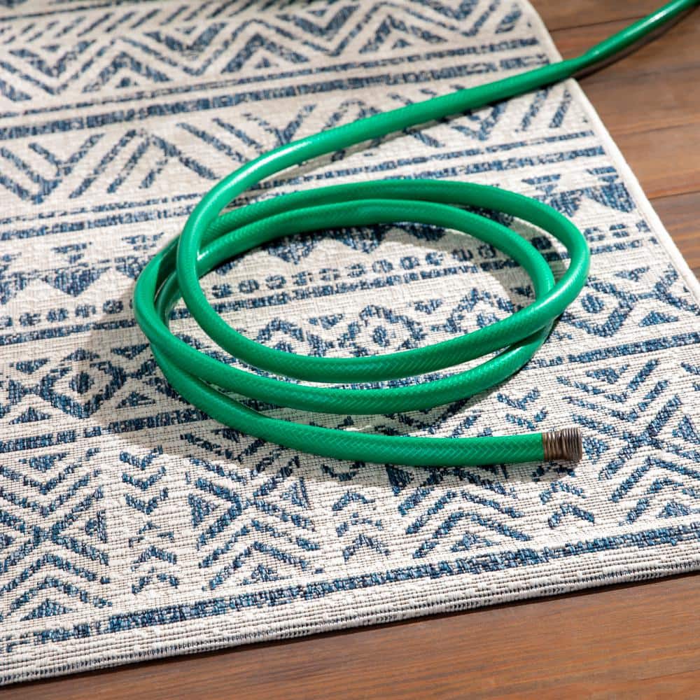 Blue and White Flat Woven Synthetic 10' x 14' Area Rug