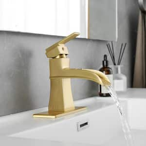 Single Handle Single Hole Bathroom Faucet with Deckplate Included Pop Up Drain and Water Supply Hoses in Brushed Gold