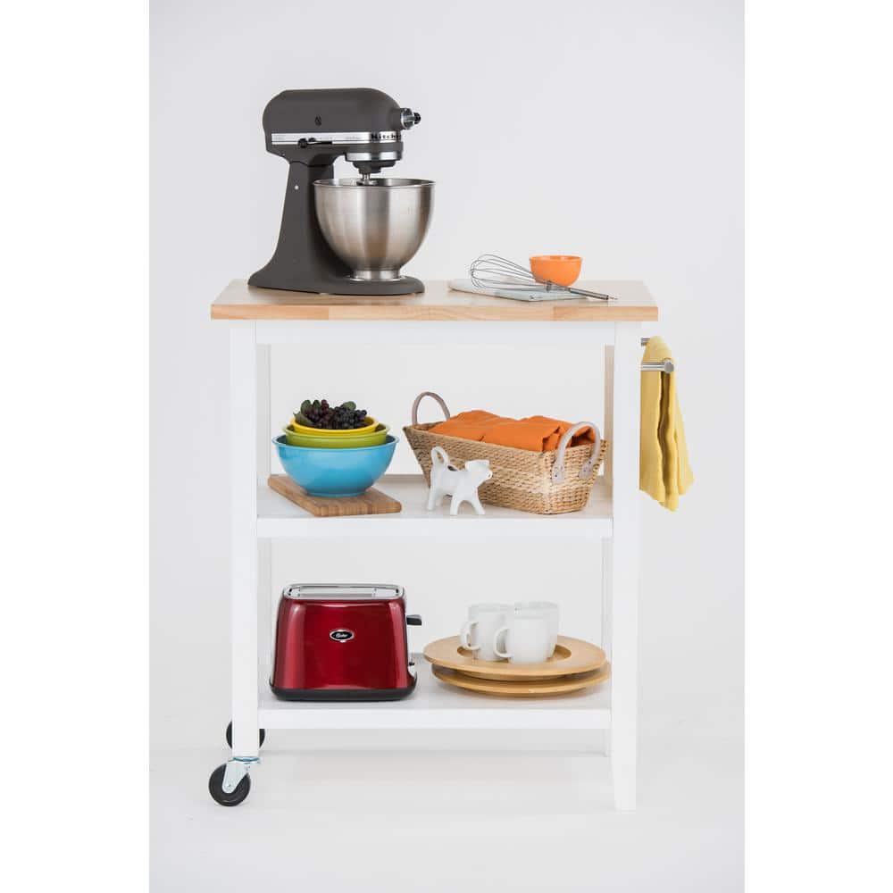 White and Oak Rubberwood Kitchen Cart with Storage