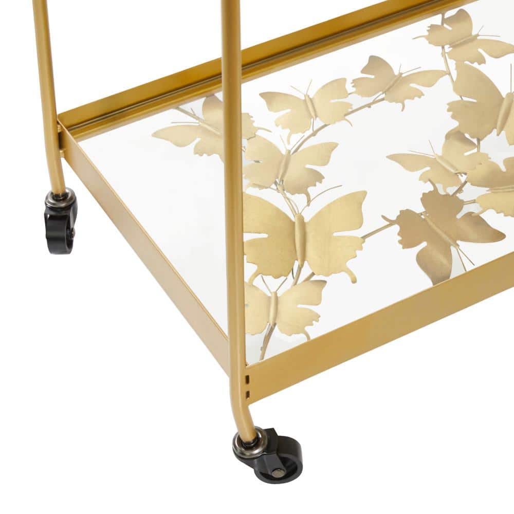 Sleek Gold Contemporary Rectangular Bar Cart with Glass Shelves