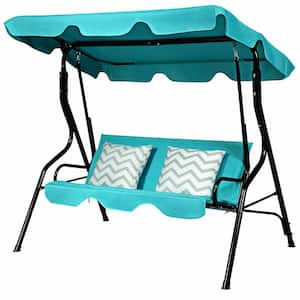 3-Person Metal Porch Swing with Adjustable Canopy, Soft Cushions and Feet Pads-Blue