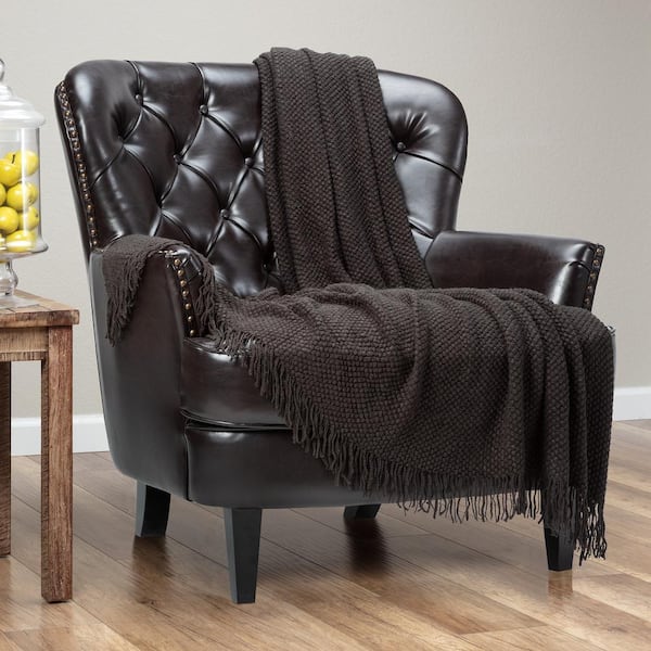 CHANASYA Textured Knit Dark Olive Acrylic Throw Blanket with Tassels, 50 x 65 in.