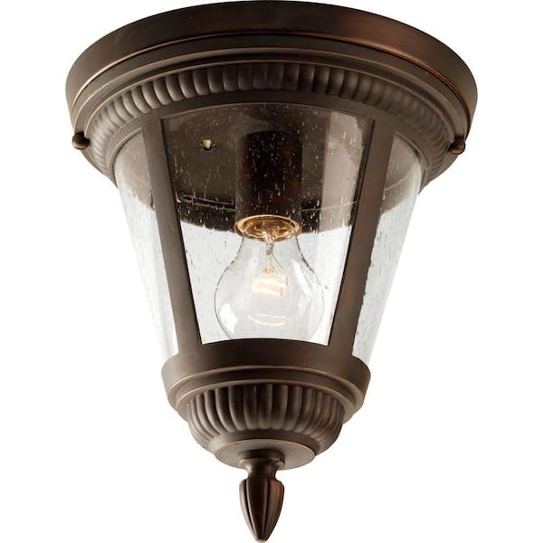 Progress Lighting Westport Collection 1-Light Antique Bronze Clear Seeded Glass Traditional Outdoor Close-to-Ceiling Light