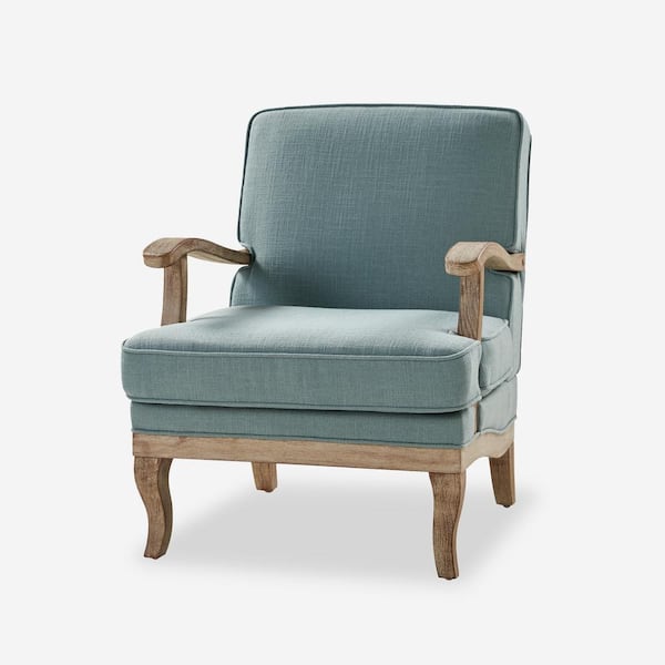 JAYDEN CREATION Quentin Blue Farmhouse Wooden Upholstered Arm Chair with Wooden Legs and Foot Pads Protecting the Floor