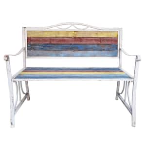 46 in. L 2-Person White/Multi-Color Metal and Wooden Indoor/Outdoor Garden Bench