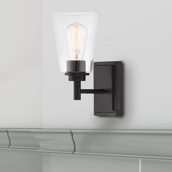 Westin 5.25 in. 1-Light Matte Black Industrial Wall Sconce with Clear Glass Shade