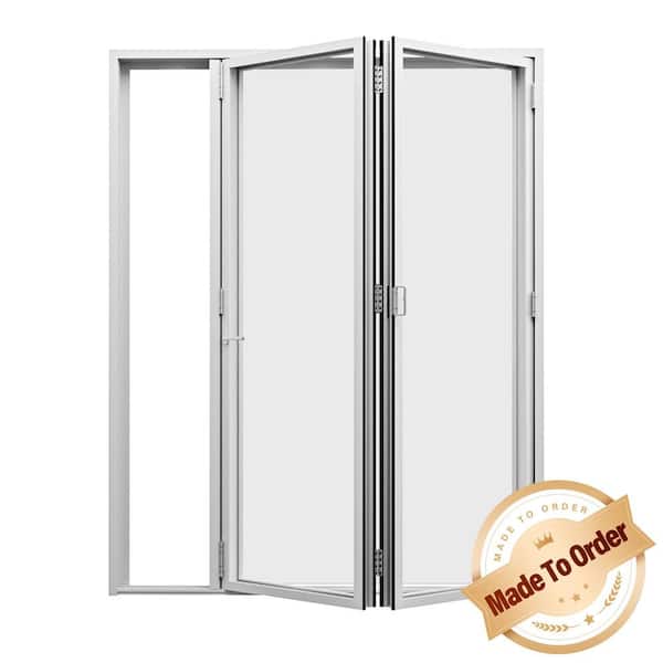 72 in. x 96 in. Right Swing/Outswing Double Tempered Glass White Aluminum Folding Patio Door