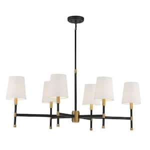 Brody 18 in. W x 18 in. H 6-Light Matte Black with Warm Brass Accents Linear Chandelier with White Fabric Shades