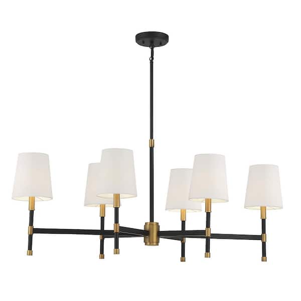 Savoy House Brody 18 in. W x 18 in. H 6-Light Matte Black with Warm Brass Accents Linear Chandelier with White Fabric Shades