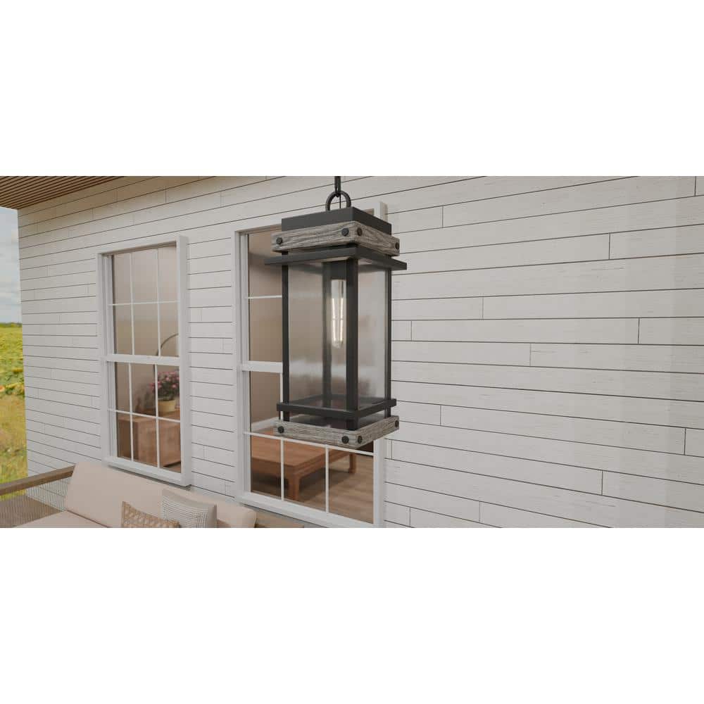 Matte Black Glass and Wood Outdoor Hanging Lantern