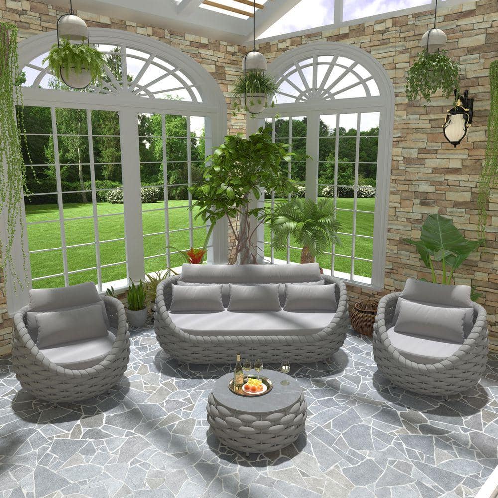 Gray Aluminum 4 Piece Woven Rope Outdoor Sectional Set Three-seater Sofa with Gray Cushions