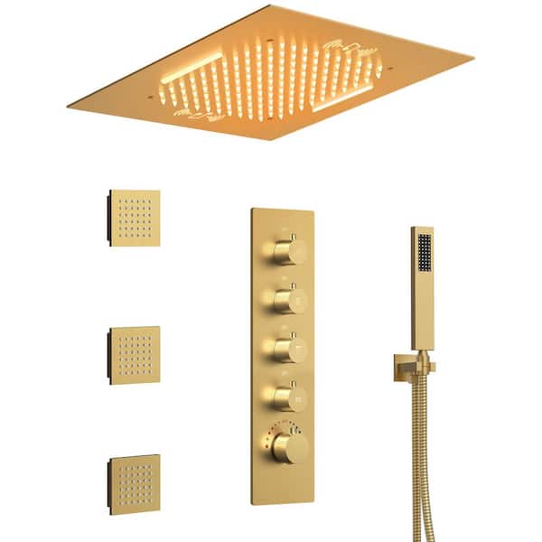 5-Spray 20 in. Dual Shower Heads Ceiling Mount Fixed and Handheld Shower Head with Music 3 Body Jets in Brush Gold