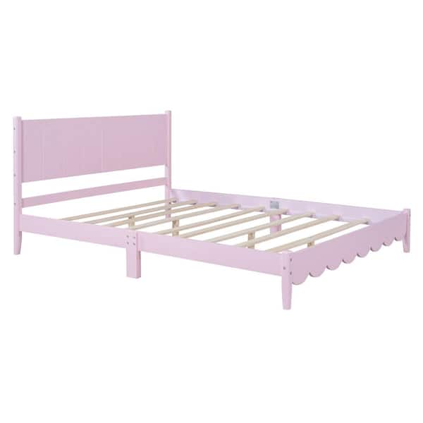 Retro Style Pink Wood Frame Queen Size Platform Bed with Rectangular Headboard, No Need Box Spring