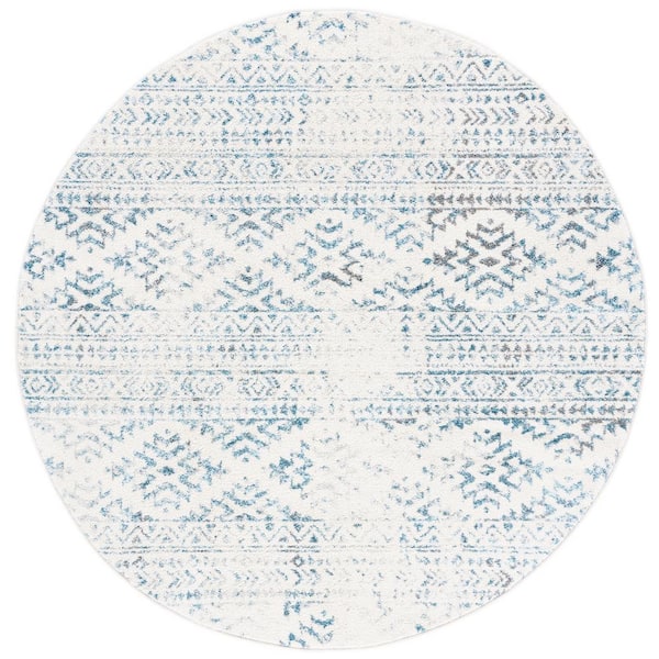Tulum 12 ft. x 12 ft. Ivory/Turquoise Tribal Round Rug