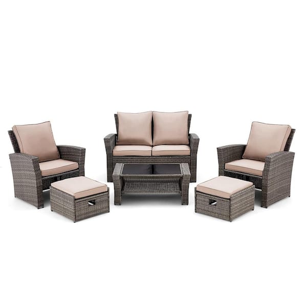 Tunearary Gray 6-Piece Rattan Outdoor Patio Conversation Waterproof Furniture Set with Beige Cushions
