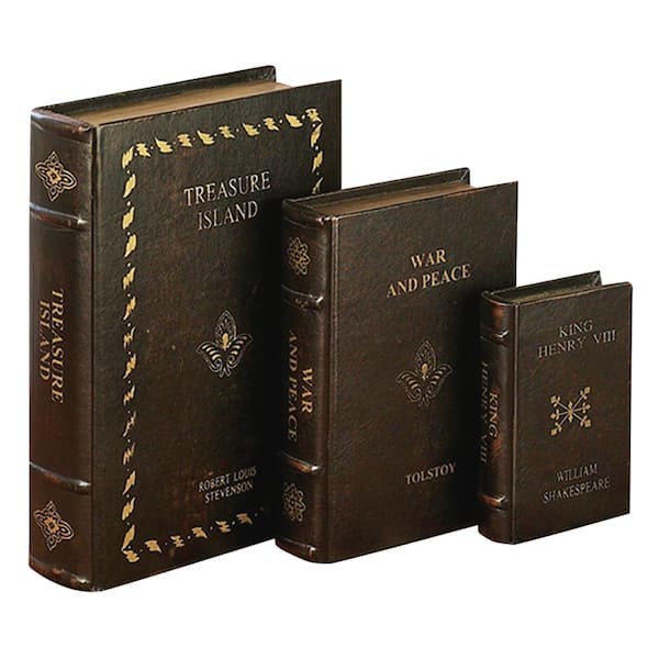 Litton Lane Rectangle Wood Faux Book Box with Faux Leather Detailing (Set of 3)