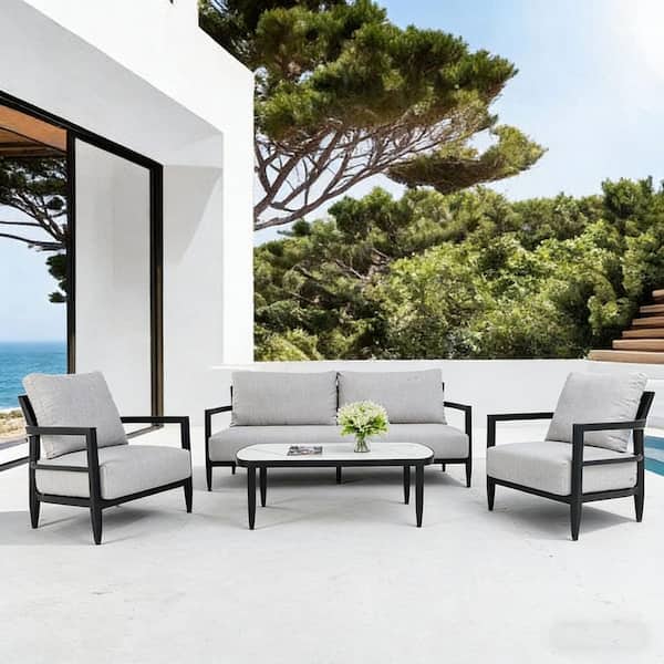 4-Piece Rust-Free Aluminum Outdoor Sectional Set with Cast Silver Cushions, 2 Club Chairs, Bench Seat Sofa, Coffee Table