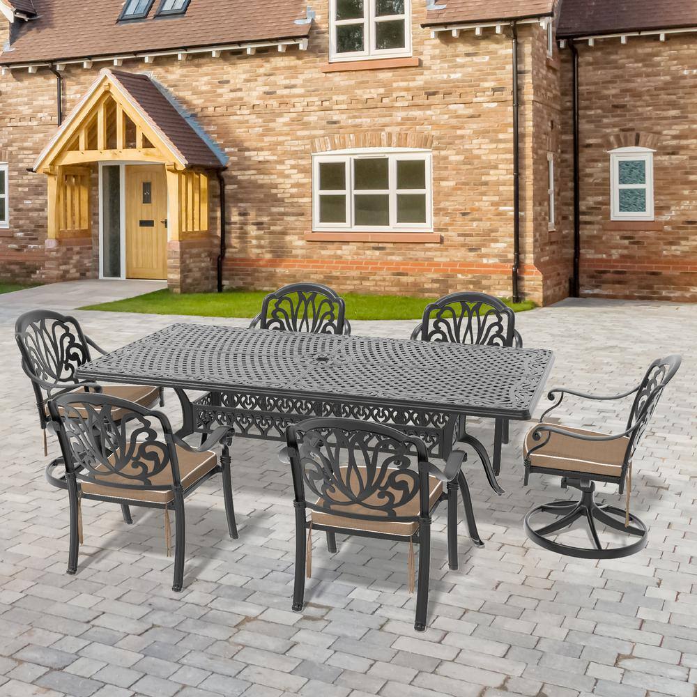 Elizabeth 7-Piece Cast Aluminum Outdoor Dining Set with Rectangular Table and Swivel Dining Chairs with Brown Cushion