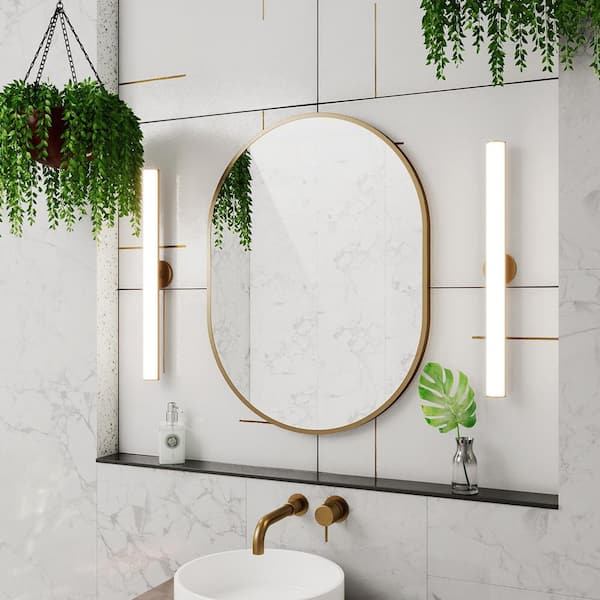 Prospero 24 in. W x 32 in. H Oval Framed Hanging Brushed Brass Wall Mounted Bathroom Vanity Mirror in Brushed Brass