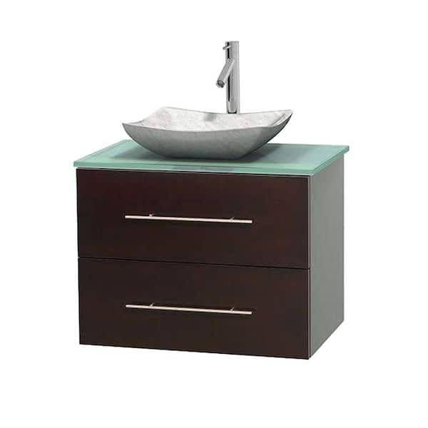 Wyndham Collection Centra 30 in. Vanity in Espresso with Glass Vanity Top in Green and Carrara Sink
