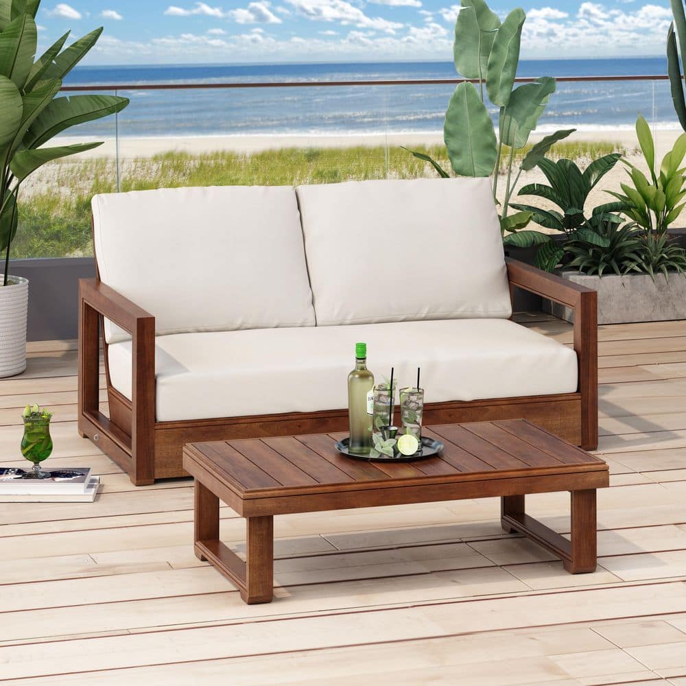 Mocha 2-Piece 100% Acacia Wood Patio Conversation Set with Beige Cushion, Outdoor Loveseat and Coffee Table Set price history on PriceWatchPro