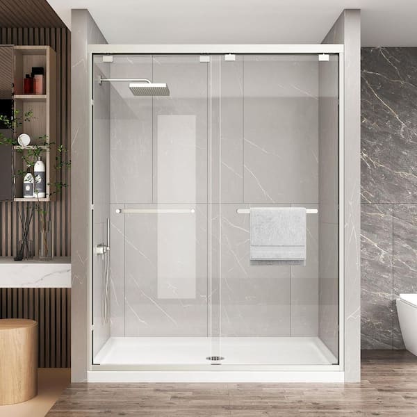 55-60 in. W x 76 in. H Double Sliding Framed Shower Door in Brushed Nickel Finish with Clear Tempered Class