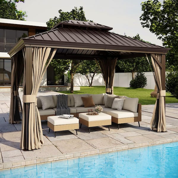 LAUSAINT HOME 10 ft. x 12 ft. Brown Hardtop Patio Gazebo with Mosquito Netting and Privacy Curtain