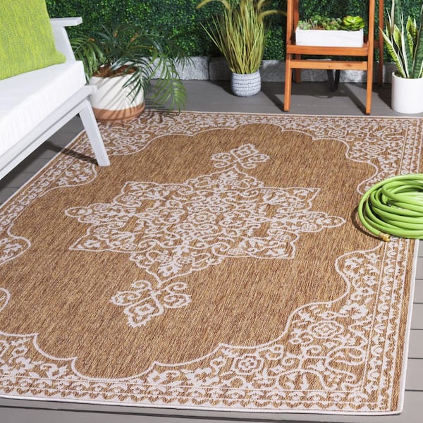 Beach House Brown/Ivory 5 ft. x 8 ft. Border Ornate Medallion Indoor/Outdoor Area Rug