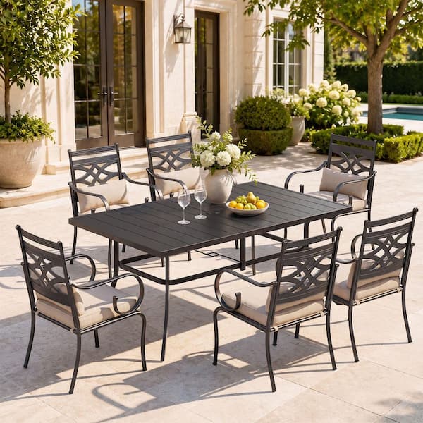 PHI VILLA 7-Piece Metal Patio Outdoor Dining Set with Slat Table and Stationary Chair with Beige Cushions THD7-326405