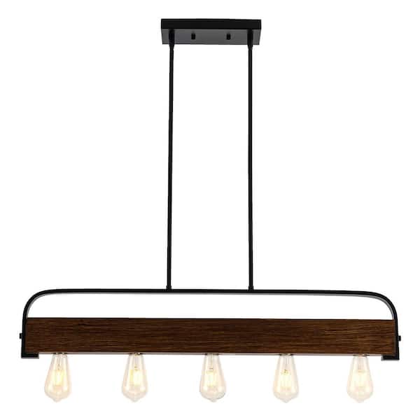 ZJVAIVE 5-Light Black Wood Hanging Linear Island Chandelier Lighting Fixture for Kitchen Island