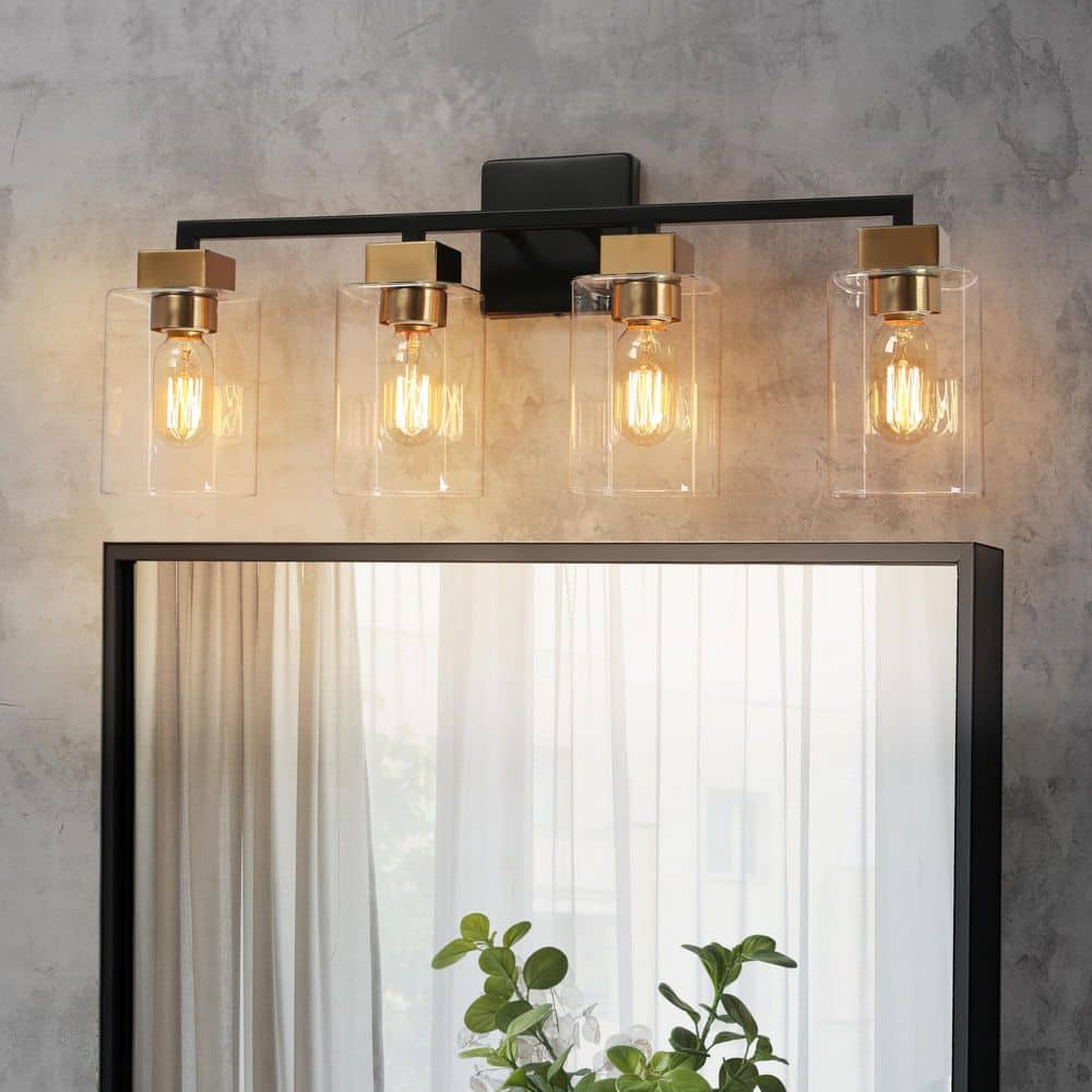 25 in. 4-Light Brass Modern Bathroom Vanity Light, Clear Glass Black Bath Lighting, Farmhouse Indoor Wall Sconce price history on PriceWatchPro
