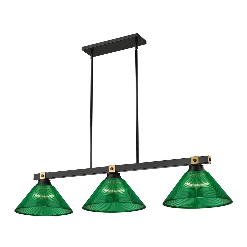 Bronte 52.75 in. Matte Black + Rubbed Brass 3 Light Billiard Light with Gre