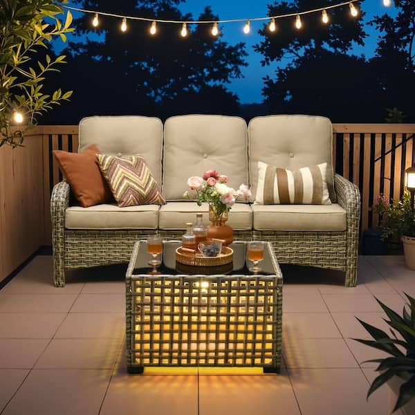 Canopy Reed Outdoor Couch Patio Sofa with Beige Cushions and Coffee Table