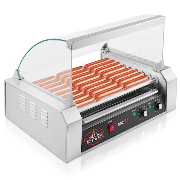 Olde Midway 24 Hot Dog Silver Stainless Steel Electric 5 Roller Indoor Grill Cooker Machine with Cover 1200-Watt