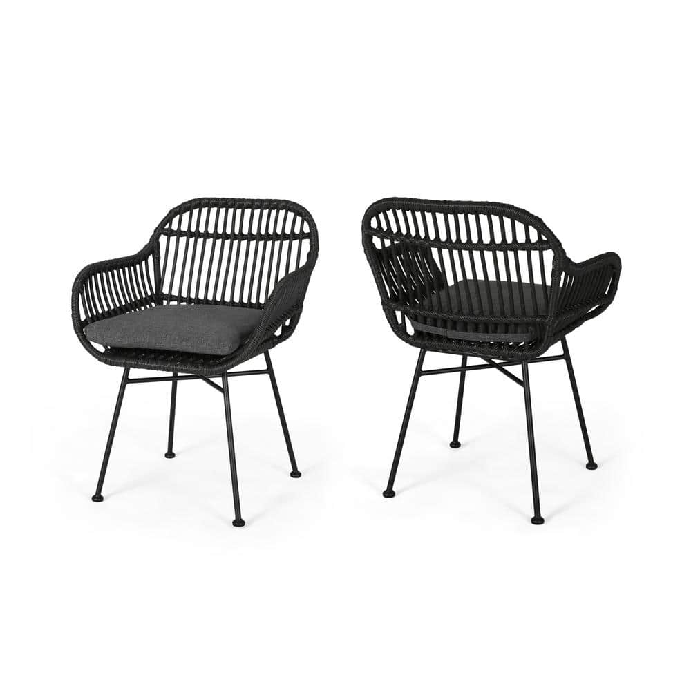 Black Iron Plastic Steel Outdoor Lounge Chair With Grey Cushions Set of 2