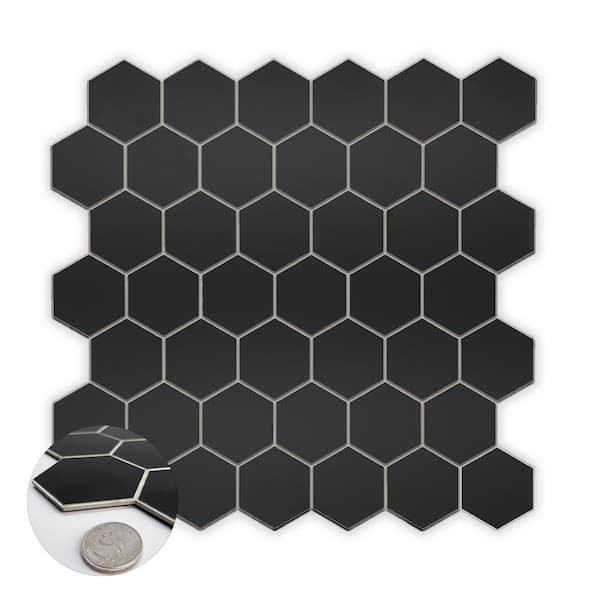 sunwings Hexagon 11.42 in. x 11.42 in. Black Peel and Stick Backsplash Stone Composite Wall Tile (10 Tiles, 9.04 sq. ft.)