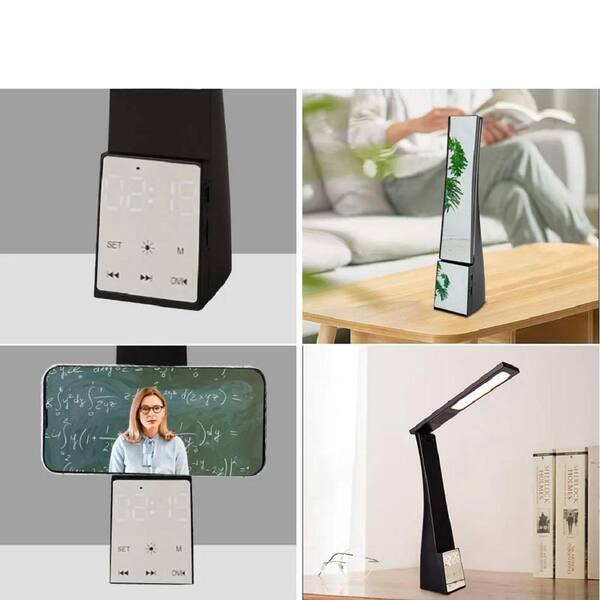 Etokfoks 10.75 in. Black Dimmable LED Desk Lamp with Time Display, Alarm Clock, USB Charging