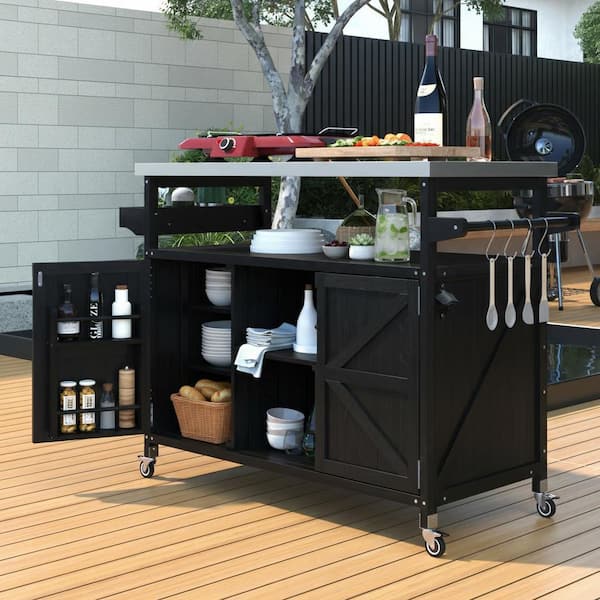 Runesay Farmhouse Black Stainless Steel 50 in. Outdoor Patio Grill Table Bar Cart Kitchen Island with Internal Storage Rack