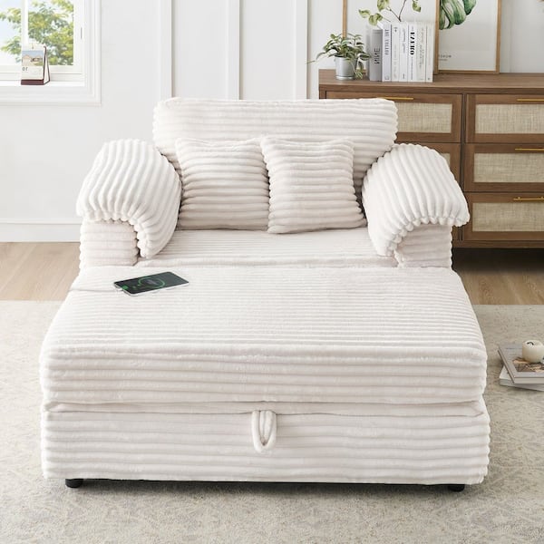 58.66 in. Square Arm Corduroy Rectangle Sofa with USB Ports in White (Seats 1)
