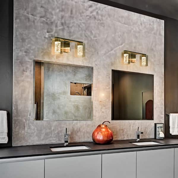 2-Light Classic Mercury Glass Bathroom Light 3000/4000/6000K LED Bathroom Vanity Light with Crystal Bubble Glass, Gold
