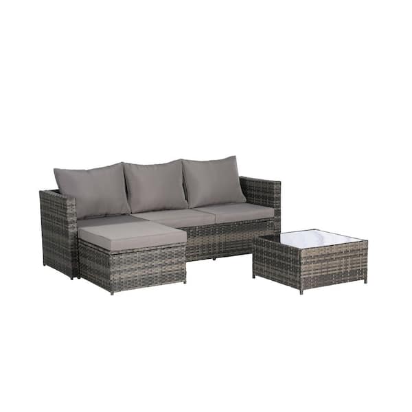 Oyezvary 3-Piece Unique L-Shaped Wicker Outdoor Sectional Set with Ottoman and Detachable Lounger Table in Dark Gray Cushions