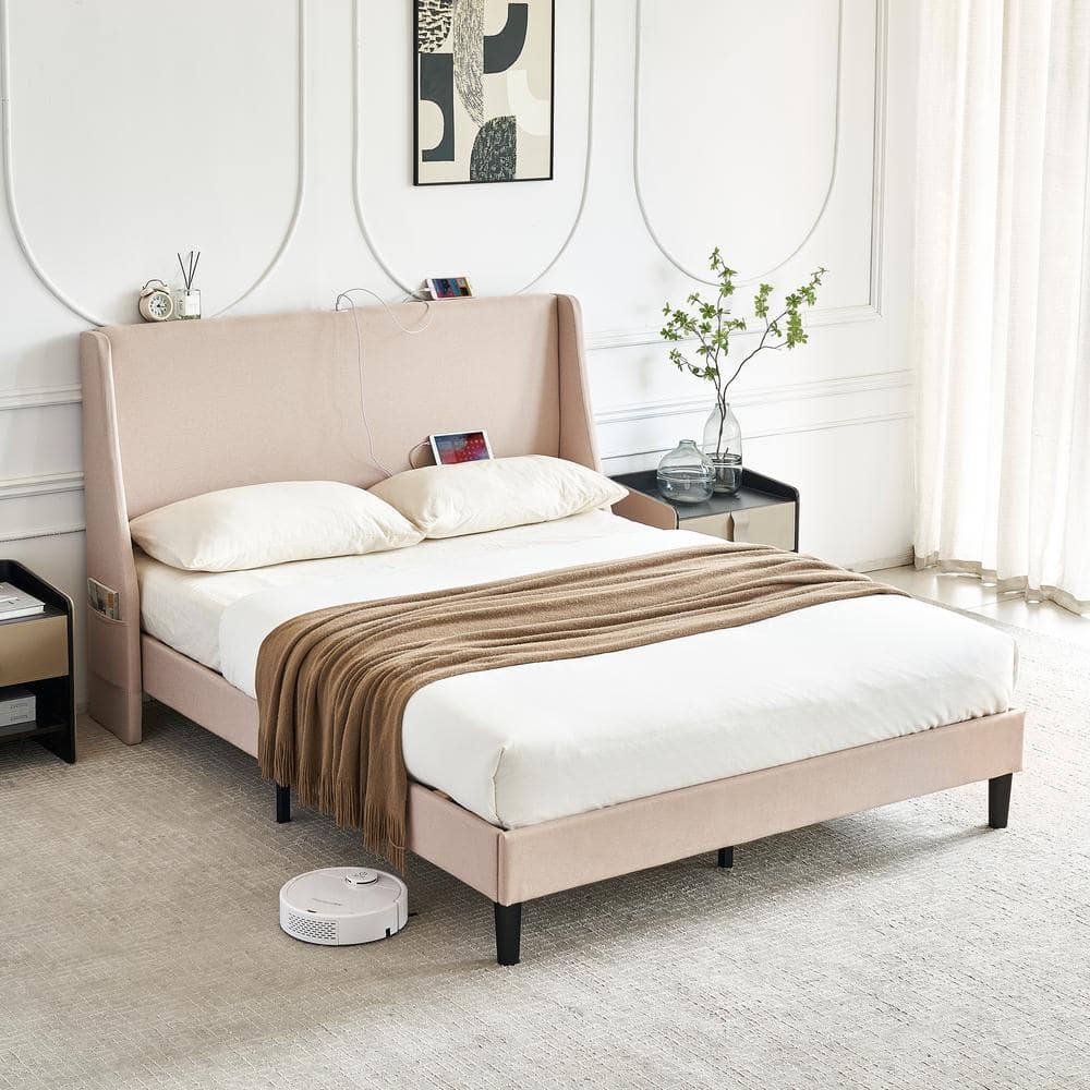 Upholstered Bed Frame with Headboard and Wingback, Beige Queen Size Bed Frame, Platform Bed with USB, and Type-C Ports - thumbnail 8