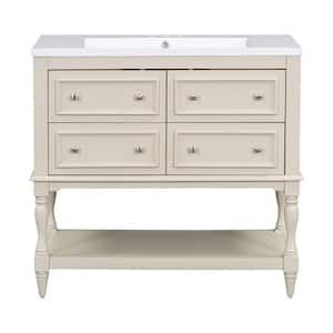 36 in. Freestanding Bath Vanity Cabinet Set in Beige with White Resin Sink Top, 4 Drawers and Bottom Shelves