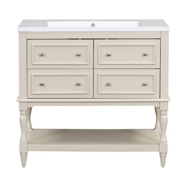 Aoibox 36 in. Freestanding Bath Vanity Cabinet Set in Beige with White Resin Sink Top, 4 Drawers and Bottom Shelves